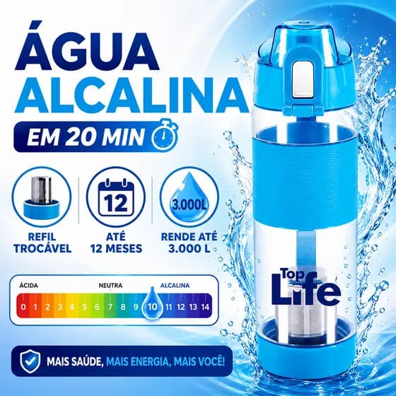 Garrafa Alcalina Top Life 650ml com Filtro Refil Trocável 3.000L | Mais Saúde | Para Água Filtrada