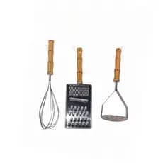 Kit Utensílios de Cozinha Cabo Bambu Inox Premium Escumadeira Batedor Ralador Luxo