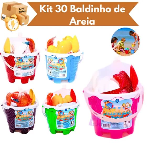 Kit 30 Baldinhos De Areia Infantil Menina Com 6 Acessórios Castelo Praia Pá Bichos