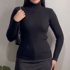 Blusa Gola Alta Feminina Cacharrel  Tricot  Canelado Manga Comprida Inverno Elegante Tamanho Único