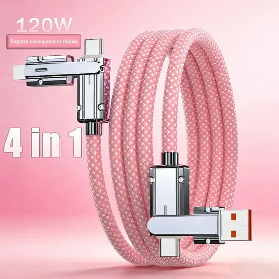 Cabo 4 em 1 de Carregamento Rápido – Tresse de Nylon, Lightning/USB-A/C, Compatível com iPhone 12-16, Samsung, iPad