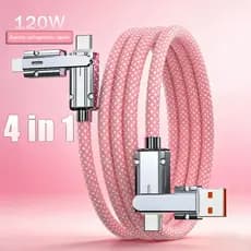 Cabo 4 em 1 de Carregamento Rápido – Tresse de Nylon, Lightning/USB-A/C, Compatível com iPhone 12-16, Samsung, iPad