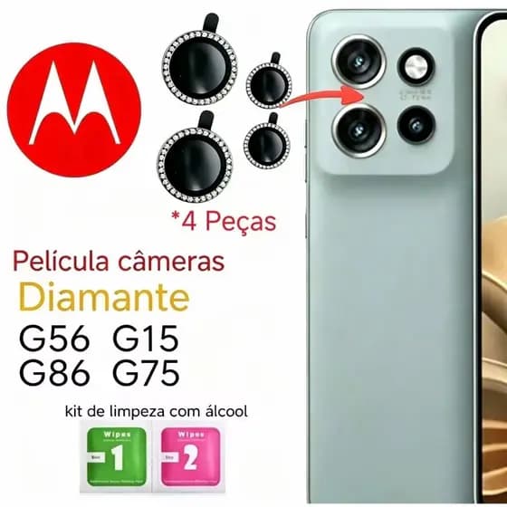 Kit 4 Peças Película Câmera Diamonte Motorola G15/G75/G56/G86 Brilhente Anti Risco Protetor da Lente com Strass