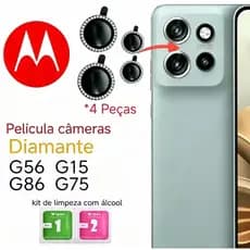 Kit 4 Peças Película Câmera Diamonte Motorola G15/G75/G56/G86 Brilhente Anti Risco Protetor da Lente com Strass