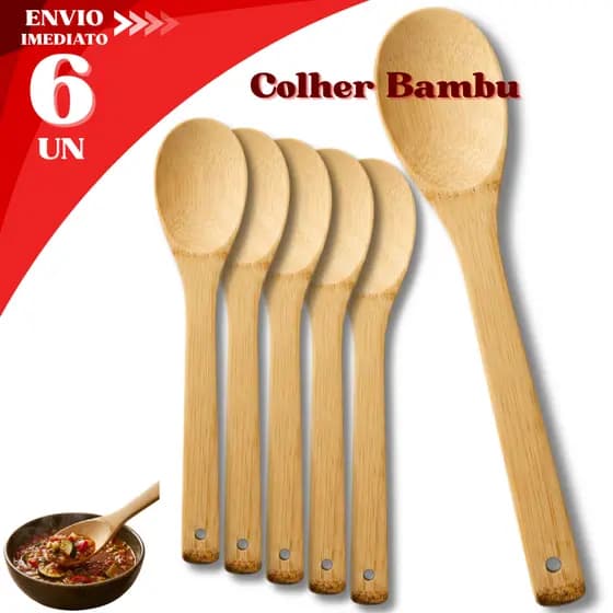 Jogo 6/ 4 ou 2 Colher Bambu Pau Madeira Grande Cabo Longo Cozinha Restaurante Buffet Ecológica