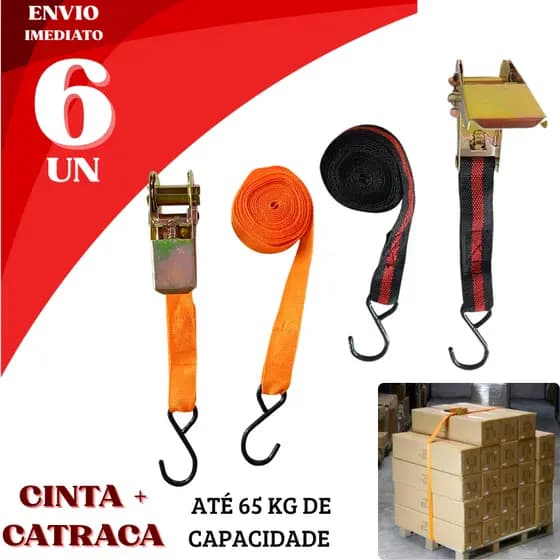 Kit 6 Cintas + Catraca Amarração Reforçada 65kg Gancho em Aço Ajustável Carga Moto Carro Bagageiro