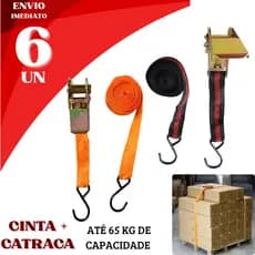 Kit 6 Cintas + Catraca Amarração Reforçada 65kg Gancho em Aço Ajustável Carga Moto Carro Bagageiro
