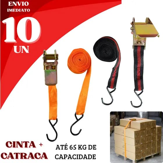 Cintas + Catraca Kit 10 Peças Reforçada 65kg Gancho em Aço Ajustável Carga Moto Carro Bagageiro