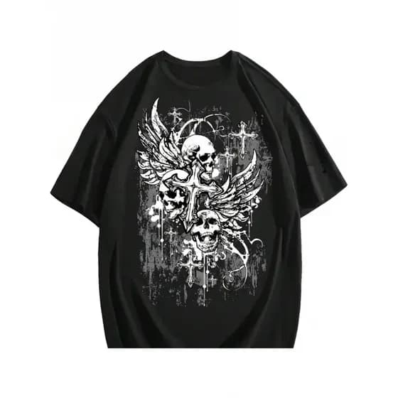 Bonito Camiseta Masculina Casual De Algodão Em Estilo Gótico Com Estampa De Caveira Alada E Cruz