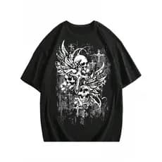 Bonito Camiseta Masculina Casual De Algodão Em Estilo Gótico Com Estampa De Caveira Alada E Cruz