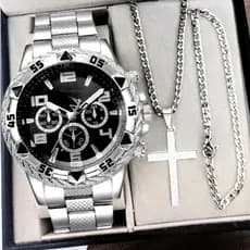 Kit Rel贸gio Masculino A莽o Inox Resistente a 脕gua Com Corrente Cruz e Pulseira