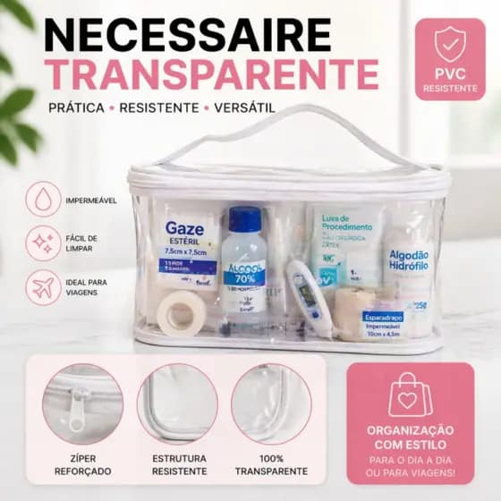 Nécessaire Transparente PVC – Estojo Resistente, Impermeável, Ideal para Maquiagem, Remédios e Viagens