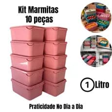 Kit 10 Potes Plástico 1L Retangular com Tampa | Marmita Freezer Microondas BPA Free