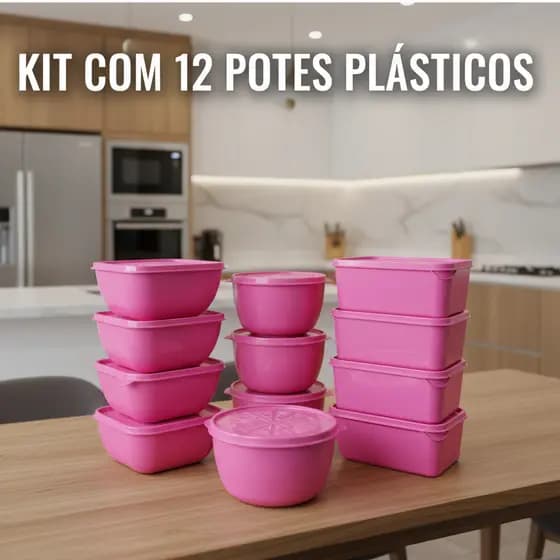 Kit 12 Potes Plásticos Rosa com Tampa – Organizadores de Geladeira e Freezer – Marmita BPA Free