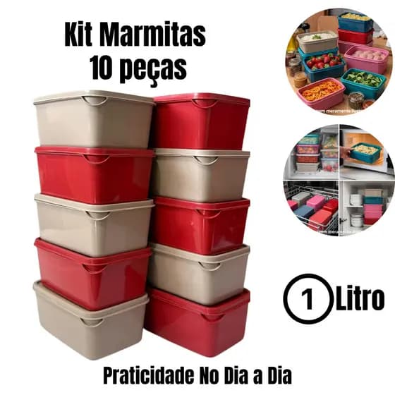 Kit 10 Marmitas 1 Litro Retangulares | Potes BPA Free para Alimentos e Mantimentos