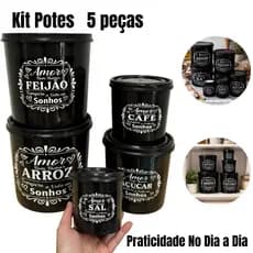 Conjunto 5 Potes Mantimentos Organizador Cozinha Arroz Feijão Açúcar Café