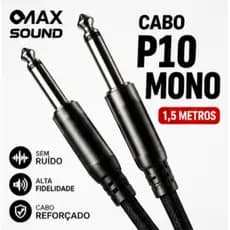 Cabo P10 Mono 6.35mm 1,5m Sem Ruído Alta Fidelidade Para Guitarra Violão Baixo Amplificador Mesa de Som Caixa de Som