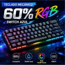 Teclado Mecânico Gamer RGB 60% Switch Azul USB-C Compacto Para PC Notebook PS4 Xbox