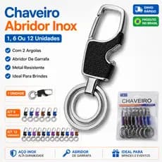 Kit Chaveiro Abridor De Garrafa Inox Com 2 Argolas Para Revenda Brindes 6 ou 12 Unidades