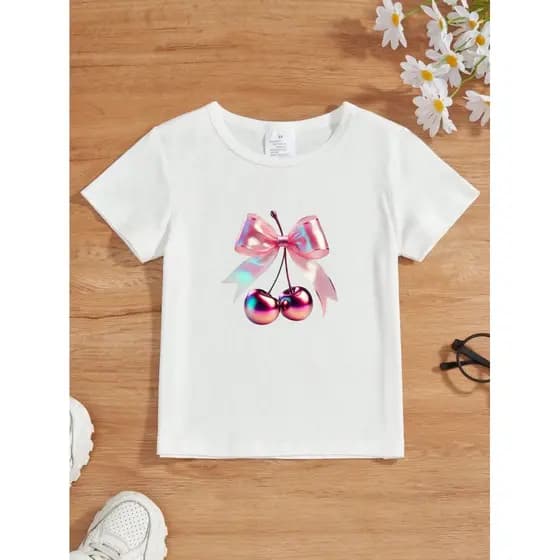 Camiseta Infantil Feminina Cerejas com Laço Estampada Manga Curta