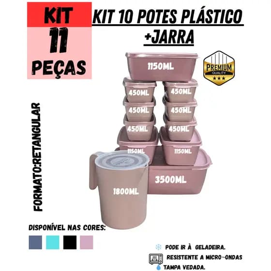 Kit Retangular 10 Potes Herméticos Plástico + Jarra 1,8L | Organização Cozinha Mantimentos Alimentos Livre de BPA