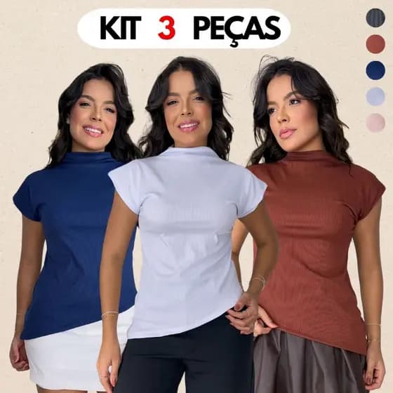 Combo 3 Blusas Feminina Gola Alta Assimétrica Moderna Elegante Versátil Casual