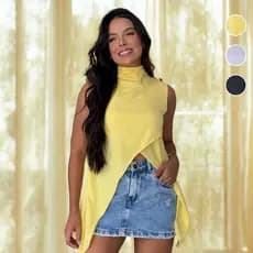 Blusa Feminina Assimétrica Sem Manga com Zíper nas Costas Caimento Fluido Confortável