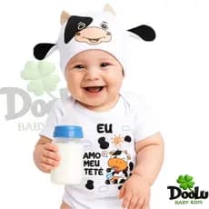 Body de Bebê Eu amo Meu Tetê + Touca Bezerro / Bore Mêsversario Temático