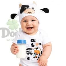 Body de Bebê Meu Tetê + Touca Bezerro / Mêsversário Temático