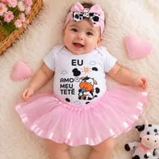 Body de Bebê Menina Meu Tetê Vaquinha + Lacinho + Tule Luxo Linha Premium Mêsversario