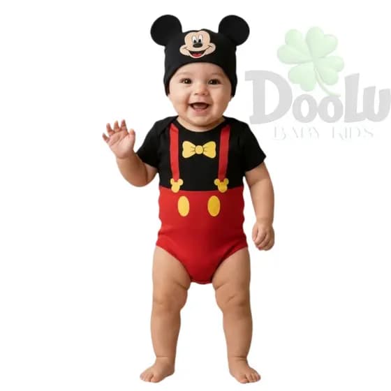 Body Bebê Mickey Gravata + Touca Infantil Linha Premium Mêsversario Tematico