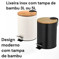 Lixeira Redonda 3 e 5 Litros Inox com Tampa Bambu Cesto Removível Pedal Banheiro Escritório Cozinha