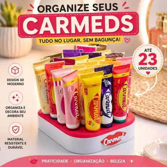 Porta Carmeds 3D para 23 Hidratantes Labiais Organizador de Lip Balm Carmex e Skincare Penteadeira