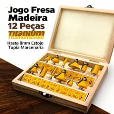 Jogo Fresa Madeira 12 Peças Titanium 05460 Haste 8mm Estojo Madeira Tupia Marcenaria