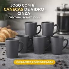 Jogo 6 Canecas Vidro Cusco Hauskraft 200ml Café Modernas Cinza Elegantes