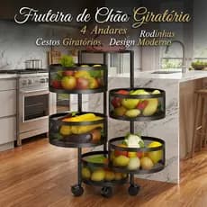 Fruteira De Chão Para Cozinha Preta Redonda 4 Andares Rodinhas Cesto Giratório