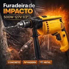 Furadeira Impacto 500W 127V 1/2" Chave Concreto Madeira Metal Doméstica