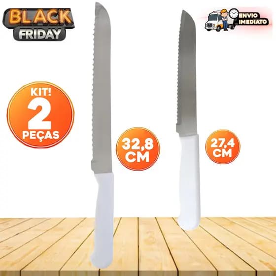 Kit Conjunto com 2 Facas de Pão Serradas: Grande e Média para Cozinha e Mesa