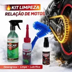 Kit Limpeza Corrente Moto Completo – Desengraxante + Escova Limpeza Relação + Lubrificante Corrente + Eliminador Odores