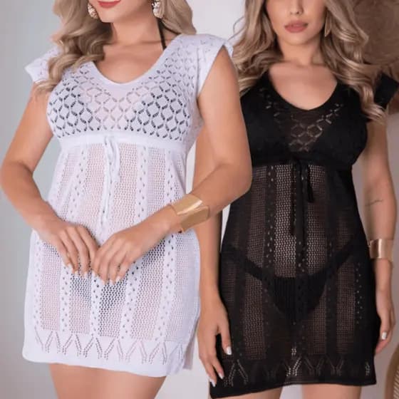 Kit 2 Saída de Praia Verao Vestido Tricot Feminina Curto com Amarração Acinturado e Elegante