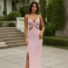 Vestido Midi Canelado Cut Out com Fenda Alças Finas Torção no Busto