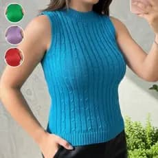 Blusa Tricot Canelada Feminina Sem Manga Gola Alta Várias Cores