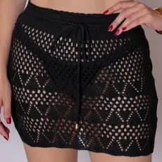 Saida de Praia Saia Tricot Crochê Vazada Curta Com Cós Ajustável