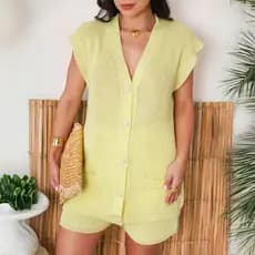 Conjunto Feminino tricot Verao Colete sem Manga e Short