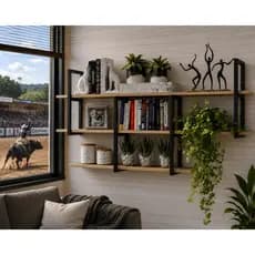 Estante Toro Industrial Suspensa Parede Ferro e Madeira Casa Qualquer Ambiente Elegante e Versátil