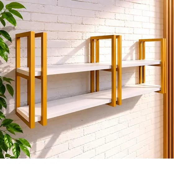 Prateleira Granada Dupla Dourada Decorativa Design Moderno Estilo Industrial MDF 1,20CM e Suporte