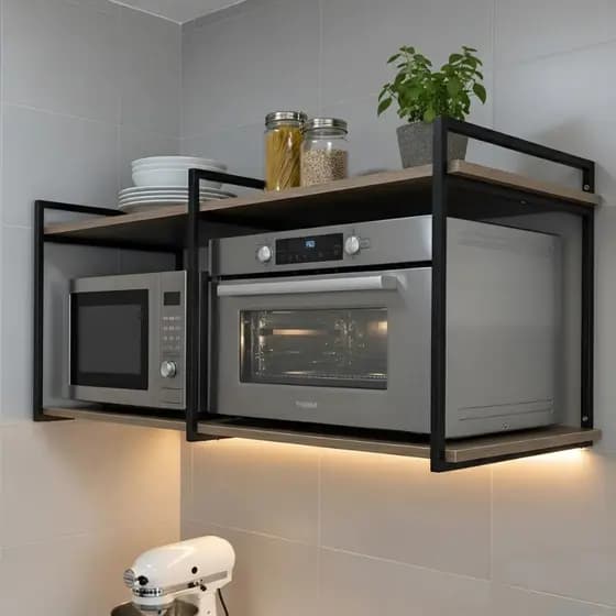 Prateleira Suspensa Flutuante Para Micro-ondas Elegante Moderna Ferro e Madeira Resistente