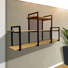 Prateleira Suspensa 3 Niveis Nicho Modular Madeira e Ferro Resistente Elegante