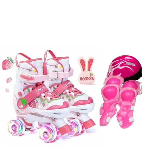 Patins infantil ajustável quad 4 rodas led + kit proteção -lindo