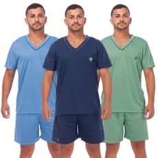 Kit 3 Pijamas Masculino Adulto Liso Short Curto Manga Curta Confortável Promoção
